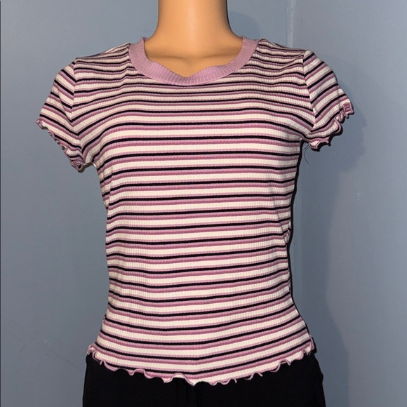Polly & Esther Tops - Trendy Striped Ruffle-Trim Tee, Size Medium